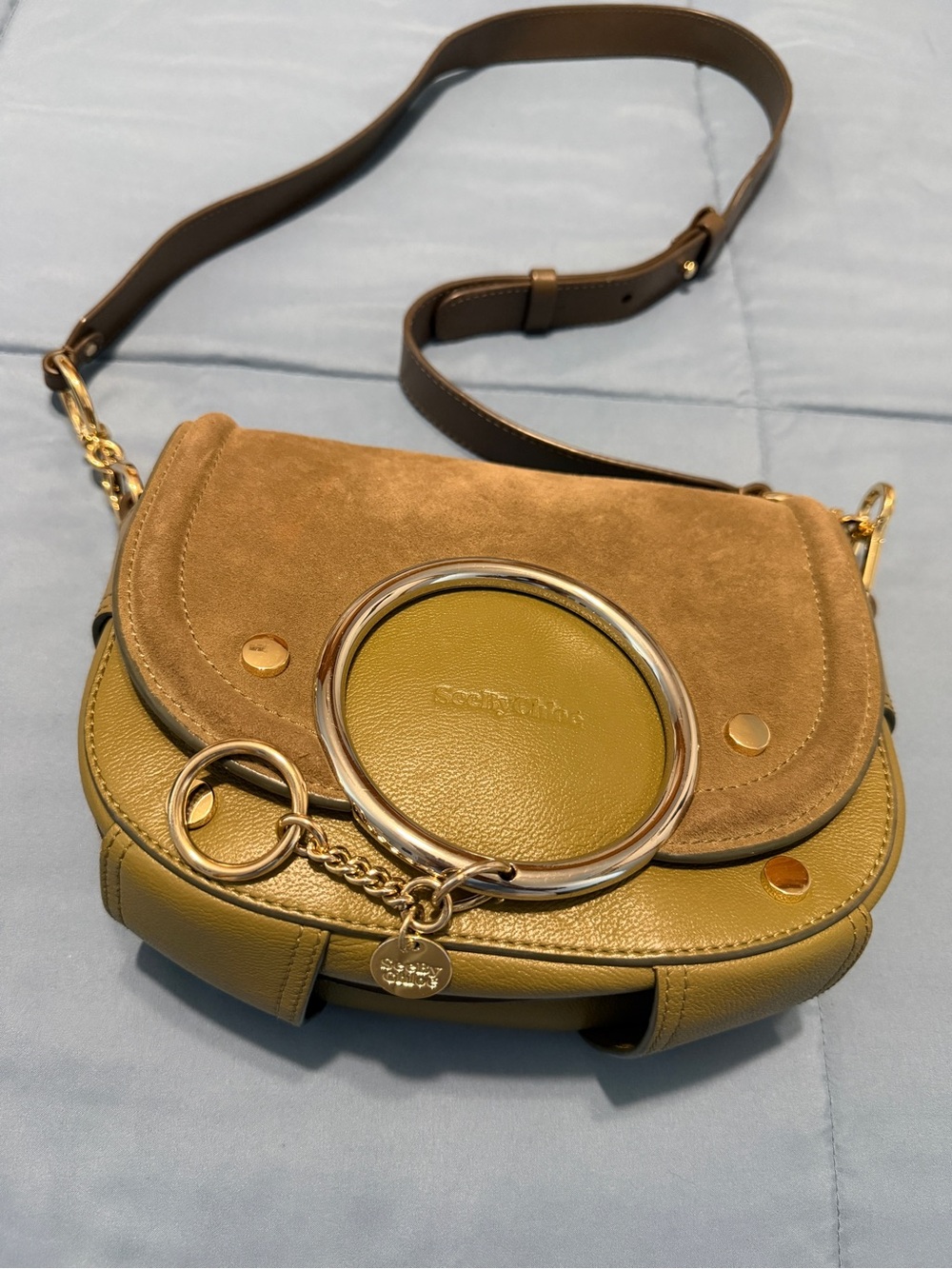 See by Chloe Mara Suede and Leather Crossbody Bag in Olive and Tan